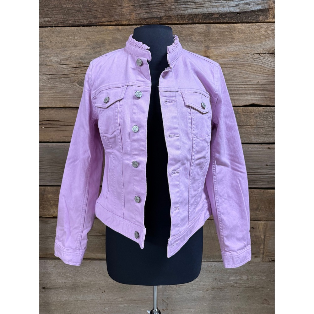Talbots Womens Lilac Purple Ruffle Neck Denim Jacket Size M Stretch Cotton Blend